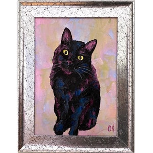 Black Cat Oil Painting: Spooky Impasto Portrait, Framed Wall Art