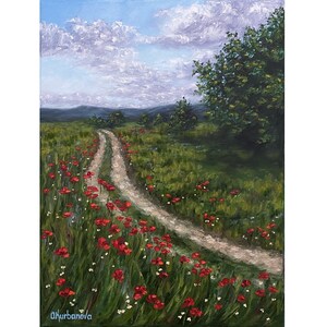 May include: A painting of a dirt path winding through a field of green grass and red poppies. The path leads to a small grove of trees in the distance. The sky is blue with white clouds.