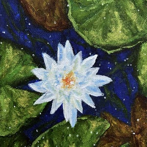 Water Lily Painting Pond Original Acrylic Art Lotus Flower Painting Flowers Water Reflection Artwork Small Wall Art 5&quot;x7&quot;