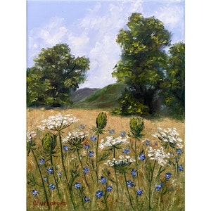 May include: A painting of a field of wildflowers with white Queen Anne's Lace and blue flowers. The field is in the foreground with two green trees in the background.