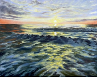 Original Sunset Seascape Oil Painting: Ocean Waves Art (16x20)