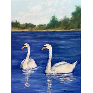 White Swan Painting on Canvas Impasto Bird Swan Family Oil Original Art Pond Life Valentine&#39;s Day Painting 12 x 16 by Olga Kurbanova
