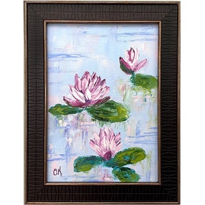 Water Lily Impasto Painting: Original Lotus Flower Pond Art (5x7 Framed)