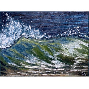 Waves Painting Original Canvas Impasto Seascape Painting Stormy Ocean Waves Artwork 9 x 12 by Olga Kurbanova