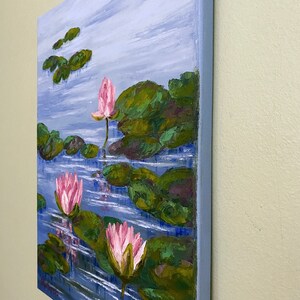 Water Lily Painting Pond Original Art Monet Style Painting Lotus Flower Artwork Impasto Painting Flowers 12 x 16 image 2