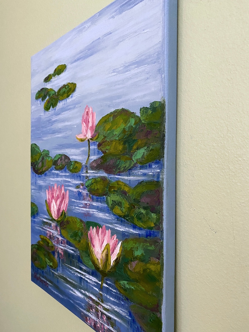 Water Lily Painting Pond Original Art Monet Style Painting Lotus Flower Artwork Impasto Painting Flowers 12 x 16 image 2