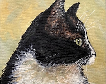 Original Black & White Cat Painting: Acrylic Kitty Portrait Art (6x6x1.5)