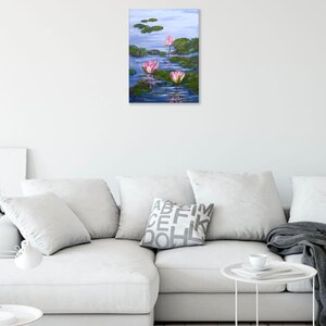 Water Lily Painting Pond Original Art Monet Style Painting Lotus Flower Artwork Impasto Painting Flowers 12 x 16 image 6