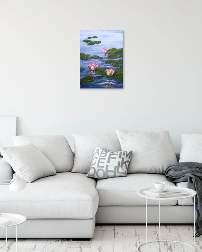 Water Lily Painting Pond Original Art Monet Style Painting Lotus Flower Artwork Impasto Painting Flowers 12 x 16 image 6