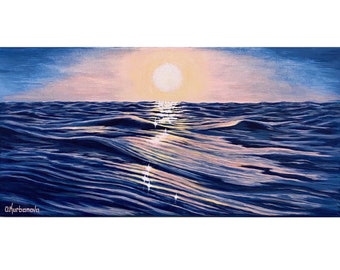 Original Sunset Seascape Painting: Water Reflection Coastal Art (8x16)