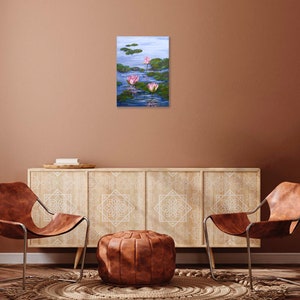 Water Lily Painting Pond Original Art Monet Style Painting Lotus Flower Artwork Impasto Painting Flowers 12 x 16 image 5