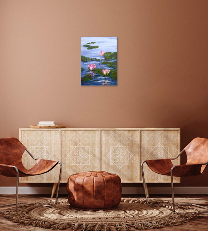 Water Lily Painting Pond Original Art Monet Style Painting Lotus Flower Artwork Impasto Painting Flowers 12 x 16 image 5