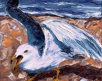 Seagull Painting Impasto Oil Painting Original Seascape Art Small Canvas Artwork Bird Painting Oil 6 x 6 x 1.5 by Olga Kurbanova