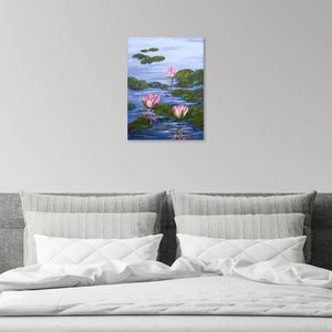 Water Lily Painting Pond Original Art Monet Style Painting Lotus Flower Artwork Impasto Painting Flowers 12 x 16 image 8