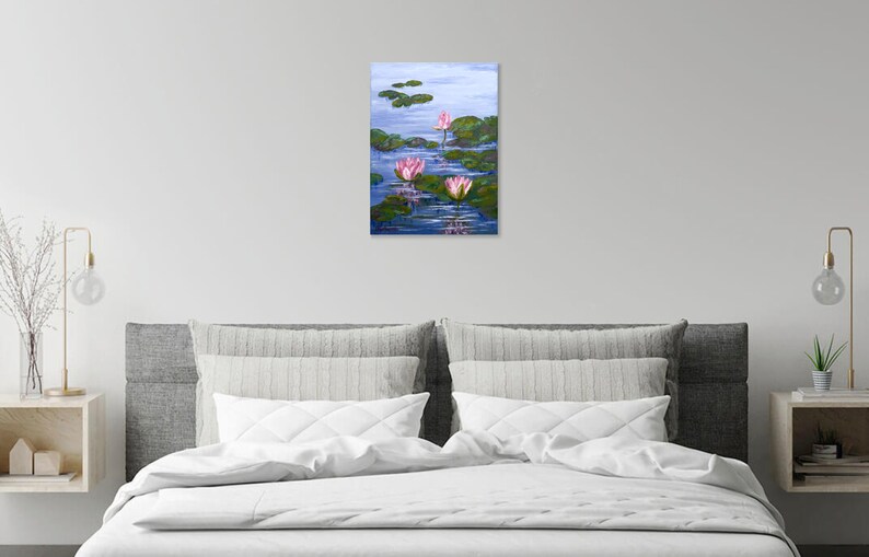 Water Lily Painting Pond Original Art Monet Style Painting Lotus Flower Artwork Impasto Painting Flowers 12 x 16 image 8