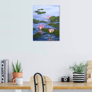 Water Lily Painting Pond Original Art Monet Style Painting Lotus Flower Artwork Impasto Painting Flowers 12 x 16 image 9