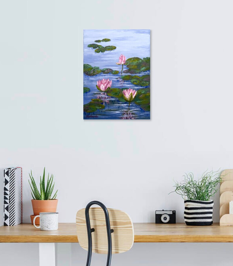 Water Lily Painting Pond Original Art Monet Style Painting Lotus Flower Artwork Impasto Painting Flowers 12 x 16 image 9