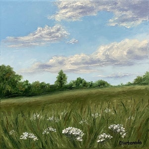May include: A painting of a field of white wildflowers with a green grassy background and a blue sky with white clouds.