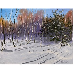 May include: A painting of a winter forest scene with bare trees and a snowy ground. The trees are mostly white with some brown branches. There is a small evergreen tree in the center of the painting. The ground is covered in snow and there are long shadows cast by the trees.