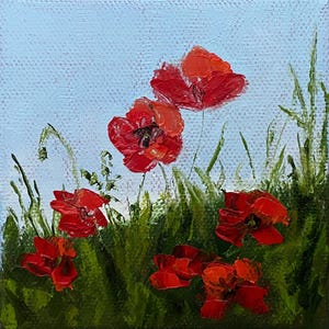 Poppy Painting Oil Original Art Poppy Field Artwork Impasto Flower Painting Poppies Small Canvas Wall Art 4&quot; x 4&quot; x 1.5&quot;
