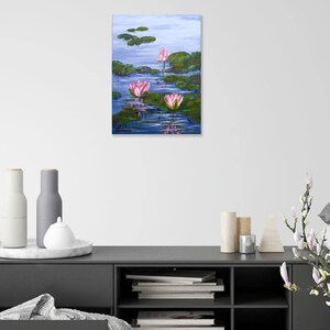 Water Lily Painting Pond Original Art Monet Style Painting Lotus Flower Artwork Impasto Painting Flowers 12 x 16 image 4
