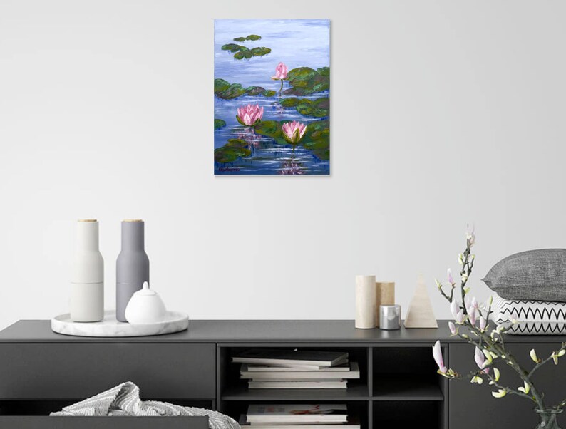 Water Lily Painting Pond Original Art Monet Style Painting Lotus Flower Artwork Impasto Painting Flowers 12 x 16 image 4