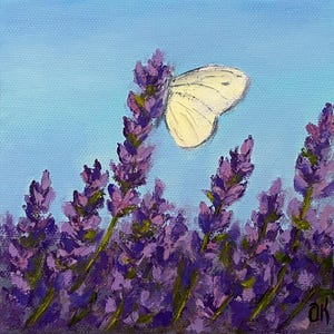 Lavender Field Painting Impasto Flowers Lavender Artwork Original Landscape Oil Painting 6&quot; x 6&quot; x 1.5&quot;