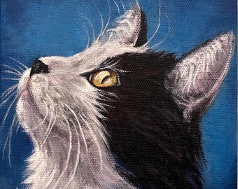 Original Black & White Cat Painting: Acrylic Kitty Portrait, 6x6"