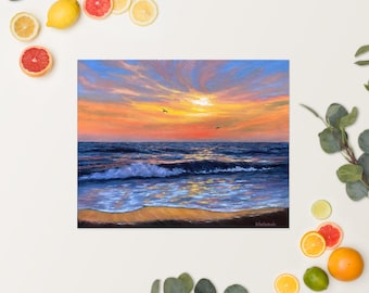 Colorful Sunset Poster Seascape Ocean Shore Sunset Print on Paper Wall Art