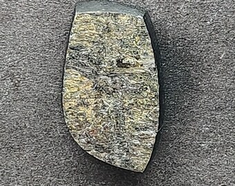 May include: A dark gray and gold gemstone cabochon with a rough, irregular shape.
