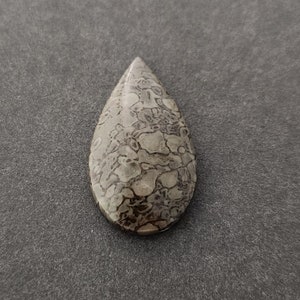 Puede incluir: Un colgante de piedra en forma de lágrima con un patrón moteado gris y blanco.