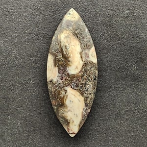 May include: A brown and white oval-shaped cabochon with a marbled pattern. The stone has a smooth, polished surface.