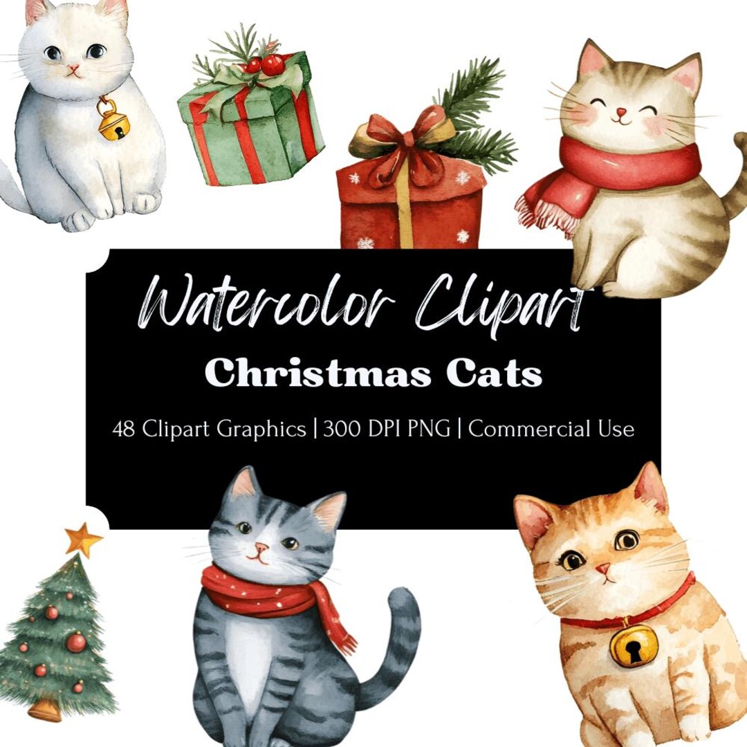 Watercolor Christmas Cats Clipart: Festive Holiday PNG Bundle (digital ...