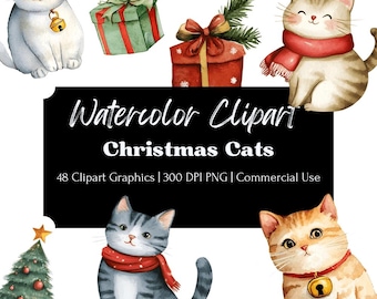 Watercolor Christmas Cats Clipart: Festive Holiday PNG Bundle (Digital Download)