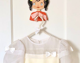 Vintage Kids 1980s Organza Formal Occasion Dress with Poofy Sleeves and Bows, Vintage Girls Confirmation Dress, Size 8-9Y