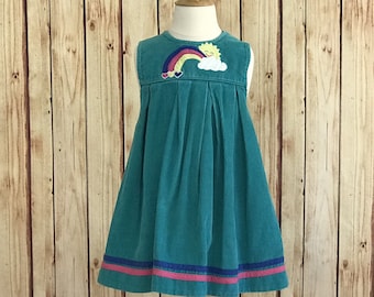Vintage 1980's A La Mode Girls Green Corduroy Sleeveless Jumper Dress with Sun and Rainbow Appliqué, Square Pleated A-line Dress, Size 6Y