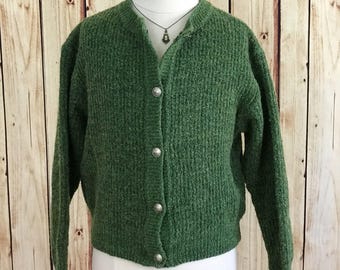 YOUNG VERSACE Vintage 1990's Girl's Ragg Wool Cardigan, Classic Green Sweater with Silver Medusa Head Buttons, Size 5/6Y