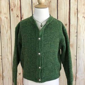 YOUNG VERSACE Vintage 1990's Girl's Ragg Wool Cardigan, Classic Green Sweater with Silver Medusa Head Buttons, Size 5/6Y image 1