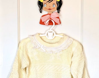 Vintage Kids 1980s Handmade Knit Sweater, Retro Girls Yellow and White Sweater with Pearls and Lace, Size 7Y