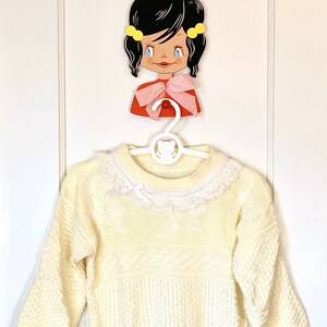 Vintage Kids 1980s Handmade Knit Sweater, Retro Girls Yellow and White Sweater with Pearls and Lace, Size 7Y