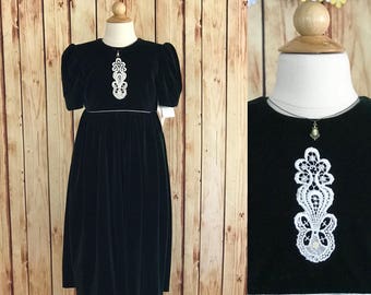 Dell'annata 1990 Will'Beth velluto verde vacanza invernale Dress, abito elegante di Natale ragazze, pizzo dettaglio perla, nuove scorte morte, taglia 6/6 X