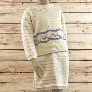 Vintage 1970&#39;s Girls Handmade Knit Sweater and Matching Skirt Set, Vintage Kids Stripes and Dots Knit Outfit, Two-Piece Set, Size 7Y