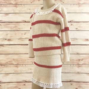 Vintage 1970&#39;s Girls Handmade Knit Sweater and Matching Miniskirt Set, Vintage Kids Red Stripe Knit Outfit, Two-Piece Set, Size 7Y