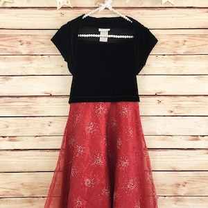 Vintage 1990&#39;s Bonnie Jean Girls Christmas Gown, Girls Holiday Evening Dress, Girls Long Dress, Girls Black and Red Sparkly Dress, Size 10Y
