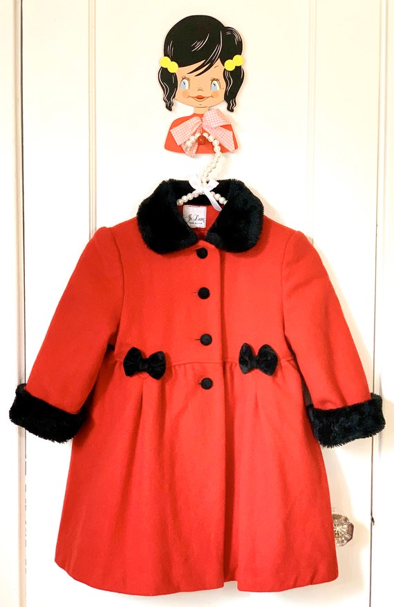 Vintage Kids 1990s Jo Lene Red Wool Coat, Retro Gi