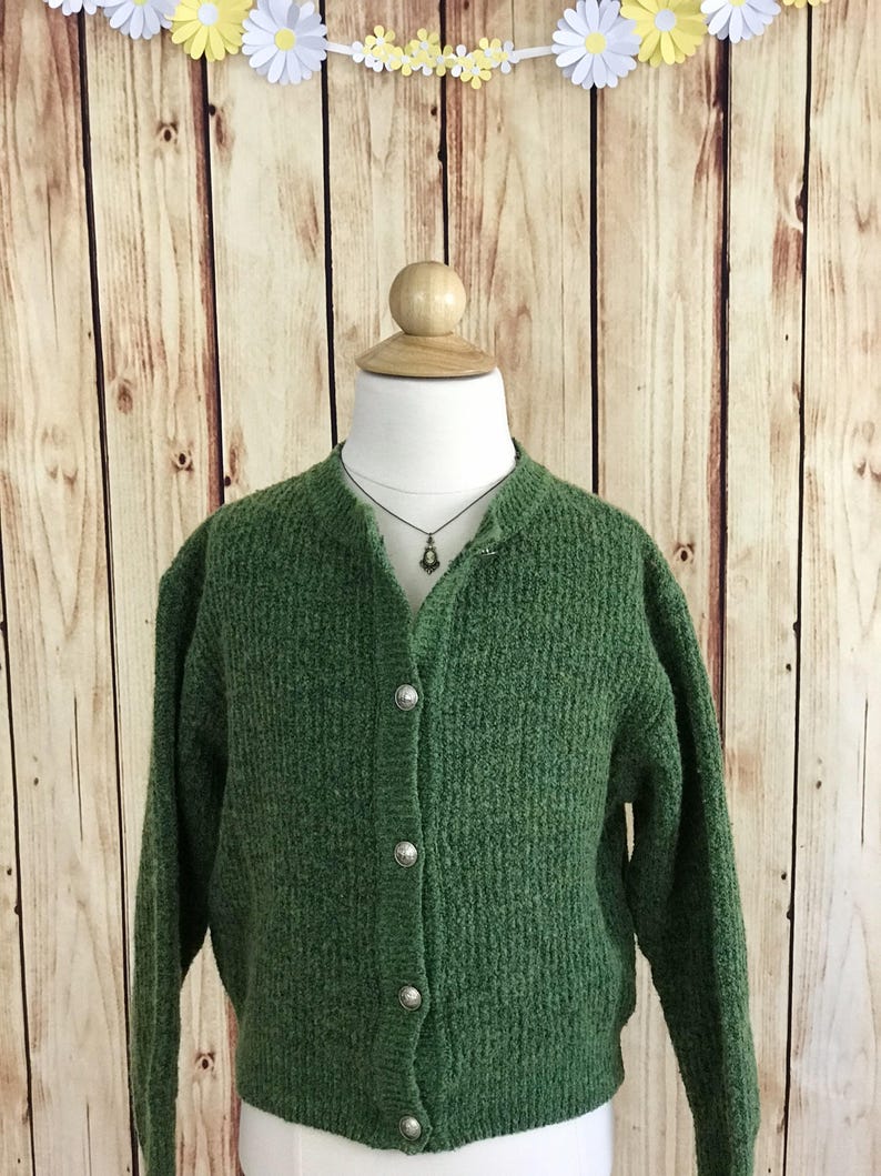 YOUNG VERSACE Vintage 1990's Girl's Ragg Wool Cardigan, Classic Green Sweater with Silver Medusa Head Buttons, Size 5/6Y image 1