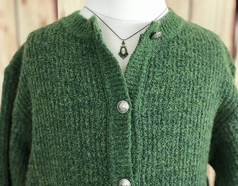 YOUNG VERSACE Vintage 1990's Girl's Ragg Wool Cardigan, Classic Green Sweater with Silver Medusa Head Buttons, Size 5/6Y image 2