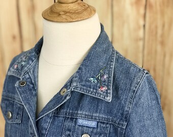Vintage OSH KOSH Girls Denim Utility Shirt-Dress with Flower Embroidery at Collar and Ruffled Hem, Size 6Y