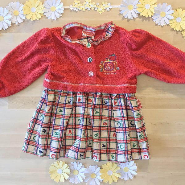 Vintage 1990's Fisher-Price Preppy School Girl Letterman ABC Dress, Red Cardigan and Plaid Pleated Skirt, Warm for Fall, Size 12-18 Months