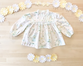 Vintage 1970 's Girls Handmade Holly hobby Pink długi rękaw Babydoll bluzka, spalony z oczko Trim, Fall Top, rozmiar 18-24 miesięcy, Toddler